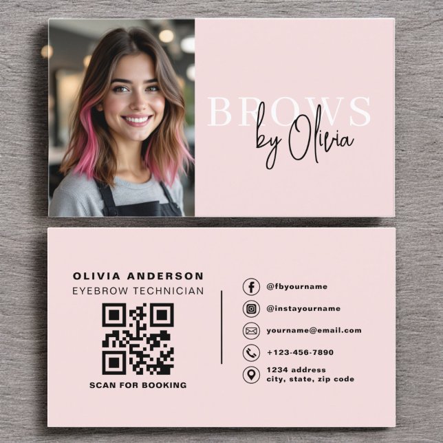 Carte De Visite Photo QR Code Eyebrows Brows Artist Blush Pink (Créateur téléchargé)