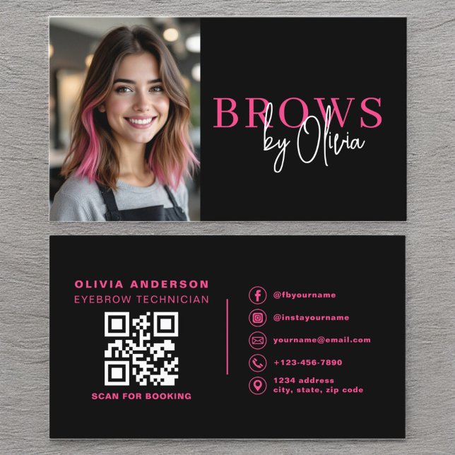 Carte De Visite Photo QR Code Eyebrows Brows Artiste Hot Pink Blac (Créateur téléchargé)