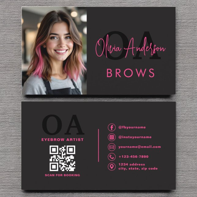 Carte De Visite Photo QR Code Eyebrows Brows Artiste Hot Pink Blac (Créateur téléchargé)