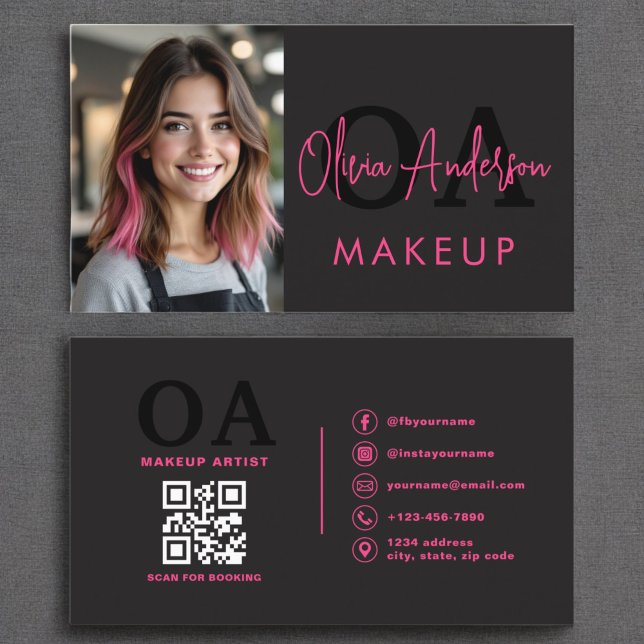 Carte De Visite Photo QR Code maquillage Artiste Hot Pink Black (Créateur téléchargé)