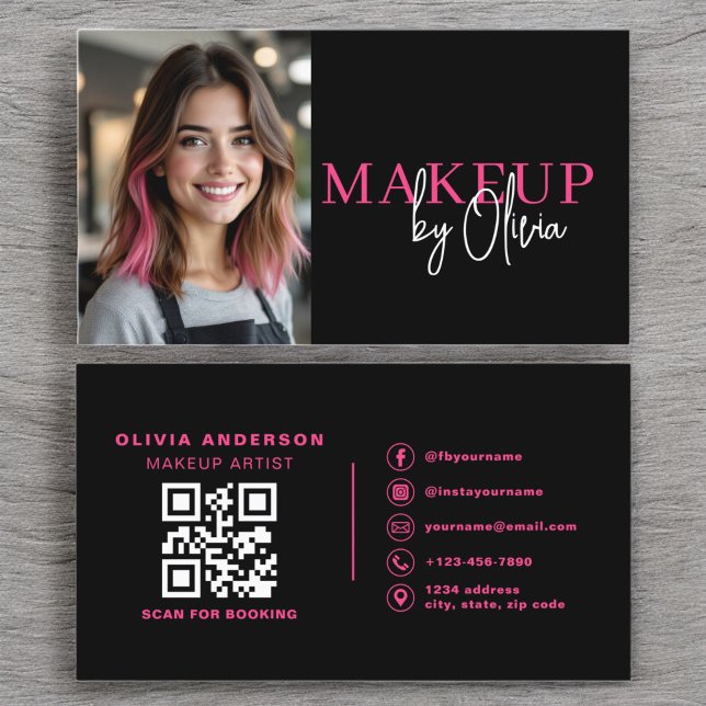 Carte De Visite Photo QR Code maquillage Artiste rose chaud (Créateur téléchargé)