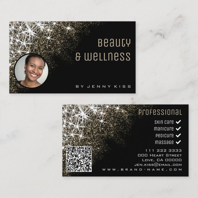 Carte De Visite Photo QR Code Modèle Parties scintillant en or bri (Devant / Derrière)