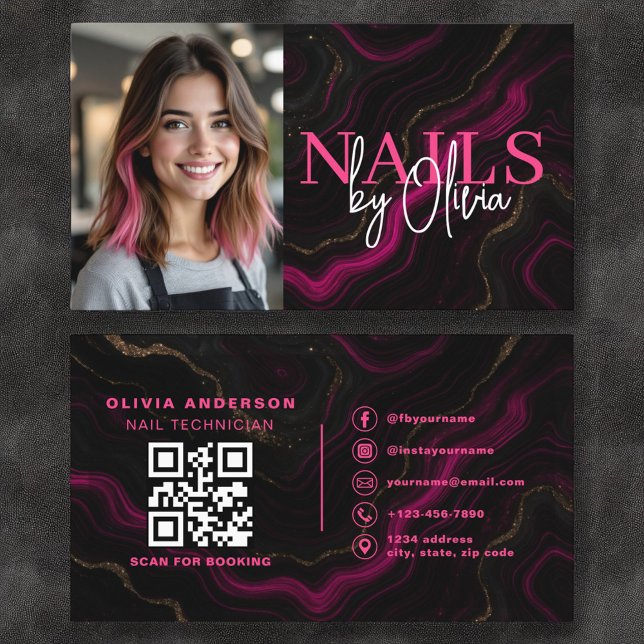 Carte De Visite Photo QR Code Nail Spécialiste Artiste Rose Noir (Créateur téléchargé)