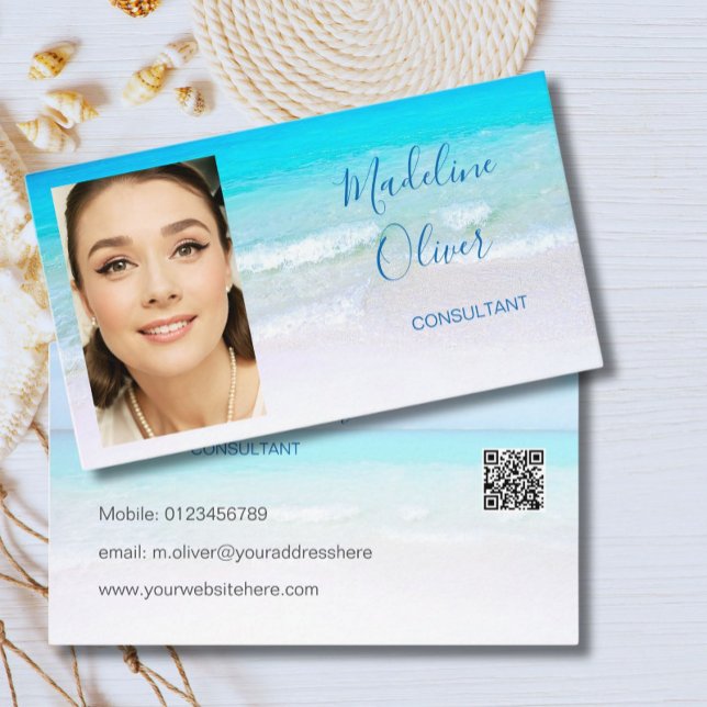 Carte De Visite Photo QR Code Ocean Beach Sea Travel Blue (Créateur téléchargé)