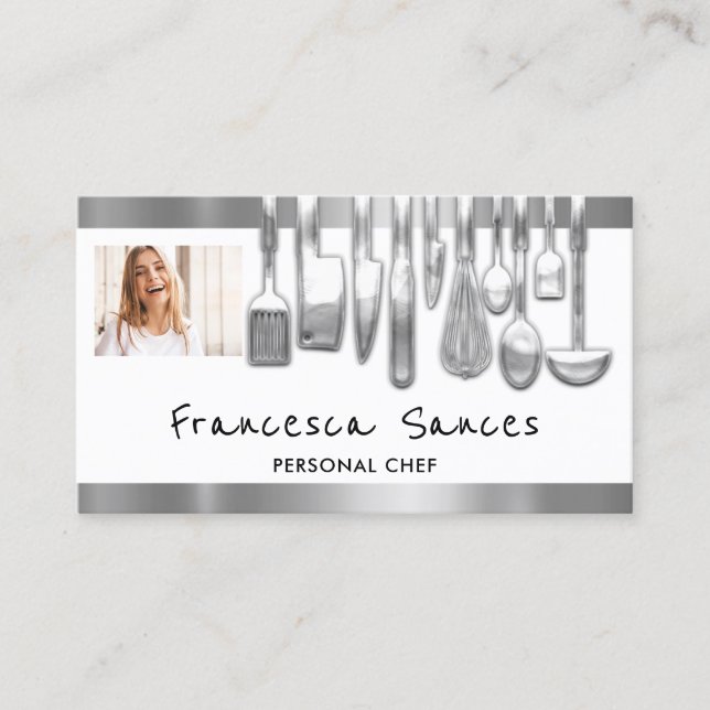 Carte De Visite Photo QR Code Personal Chef Cuisine Lounge Blanc (Devant)