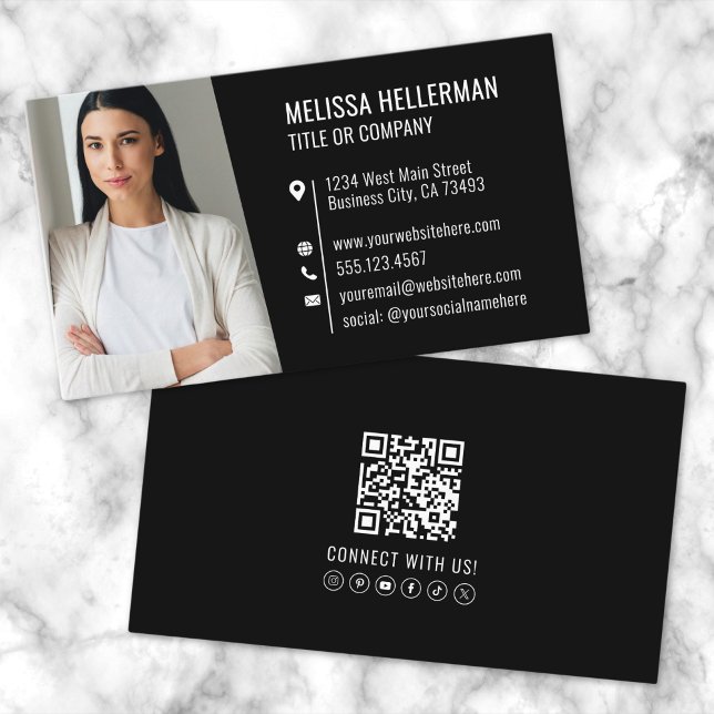 Carte De Visite Photo QR Code Professionnel Noir Moderne (Red Modern Photo Logo Professional Business Card )