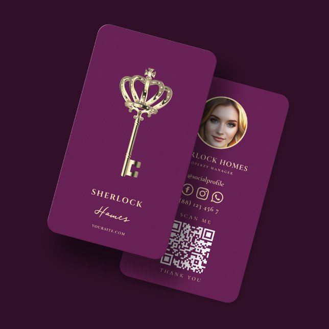 Carte De Visite Photo QR de l'agent immobilier Gold Key (Créateur téléchargé)