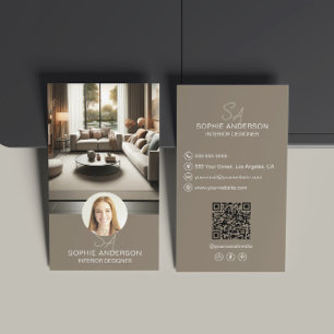 Carte De Visite Photo QR Taupe du concepteur intérieur