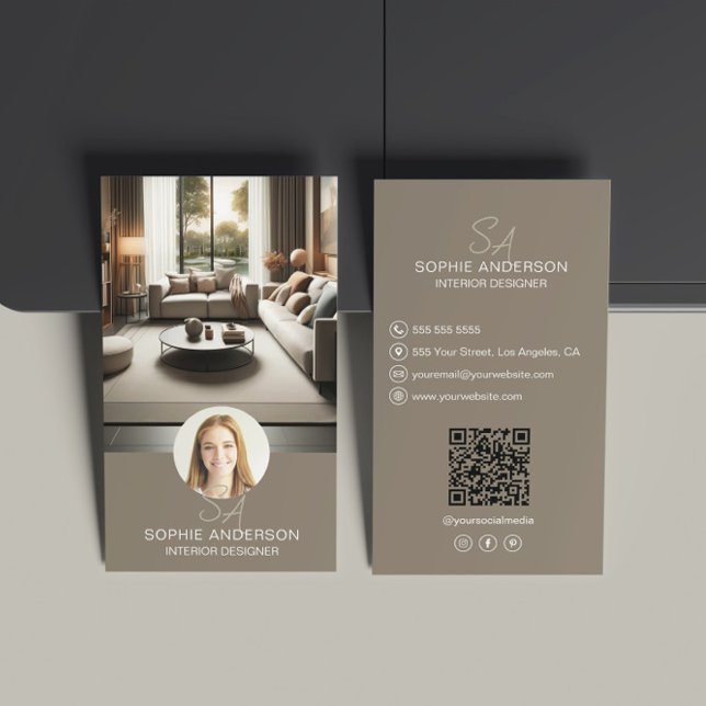 Carte De Visite Photo QR Taupe du concepteur intérieur (Interior Designer Monogram Photo QR Taupe Business Card)