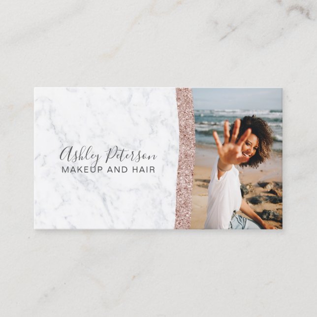 Carte De Visite Photo rose chic de marbre de parties scintillantes (Devant)