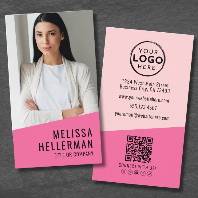 Carte De Visite Photo rose QR Code Entreprise Logo Vertical (Pink Photo QR Code Company Logo Vertical Business Card)