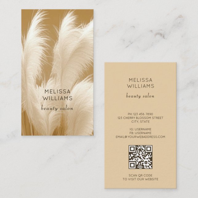 Carte De Visite Photo Sépia Herbe des Pampas Beige | Code QR (Devant / Derrière)