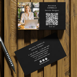 Carte De Visite Photo simple, Code QR & Réseaux Sociaux Noir & Bla