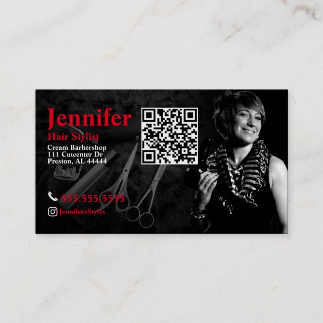 Carte de visite photo Stylist avec code QR (Devant)