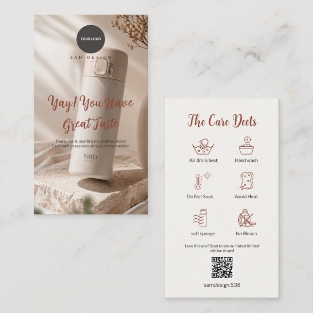 Carte De Visite Photo Tumbler Care Card Thank You Insert QR Code (Devant / Derrière)