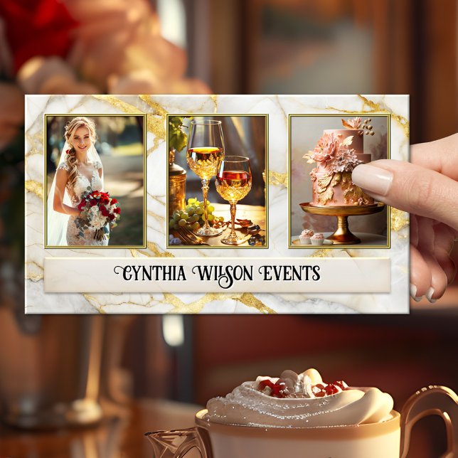 Carte De Visite Photo Wedding planner en marbre d'or chic (Business card featuring your photos on chic gold veined marble - event planner - with social media)