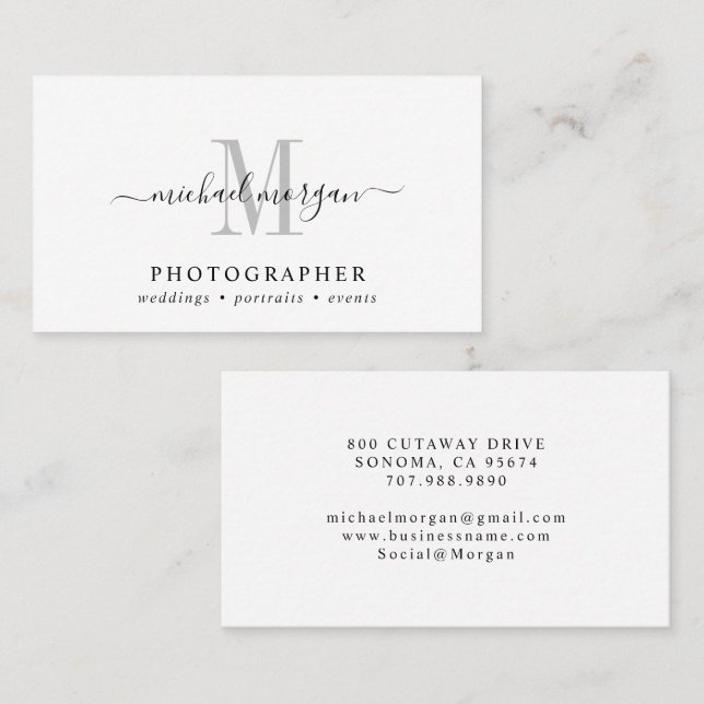 Carte De Visite Photographe à monogramme de script minimal (Devant / Derrière)