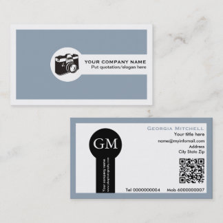 Carte De Visite Photographe appareil photo et code QR bleu poussié