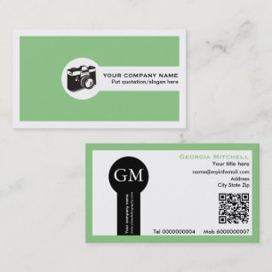Carte De Visite Photographe appareil photo et code QR vert menthe