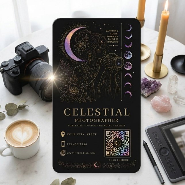 Carte De Visite Photographe Céleste Luxe Or Noir QR  (Créateur téléchargé)
