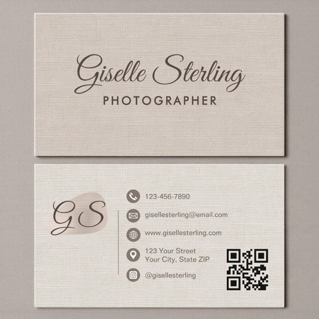 Carte De Visite Photographe Code QR Élégant Moderne Lin Beige (Créateur téléchargé)