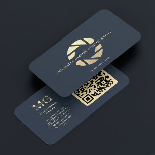 Carte De Visite Photographe Dark Blue Gold Camera Lens Moderne