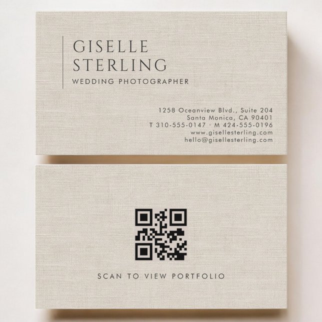 Carte De Visite Photographe de Mariage Code QR Luxe Lin Neutral (Créateur téléchargé)