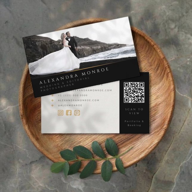 Carte De Visite Photographe de Mariage Code QR Noir & Or (Créateur téléchargé)