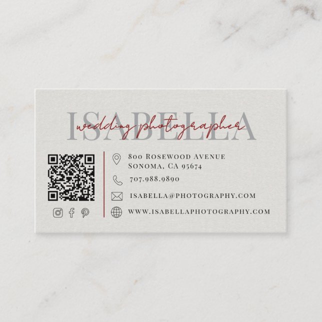 Carte De Visite Photographe de Mariage Moderne Code QR (Devant)