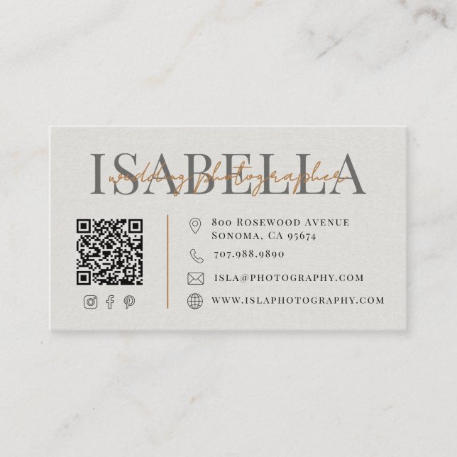 Carte De Visite Photographe de Mariage Moderne Code QR (Devant)