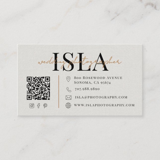 Carte De Visite Photographe de Mariage Moderne Code QR (Devant)