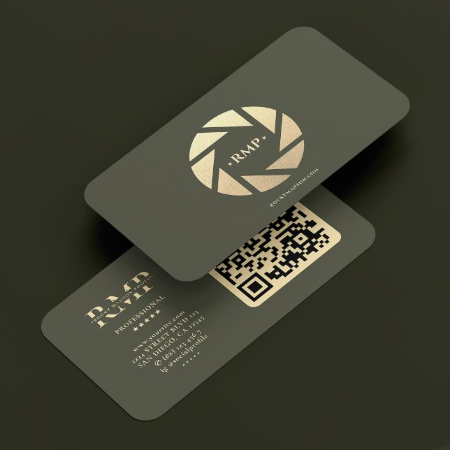 Carte De Visite Photographe Gold Camera Lens Armée Vert moderne (Photographer Gold Camera Lens Army Green Modern Business Card
)