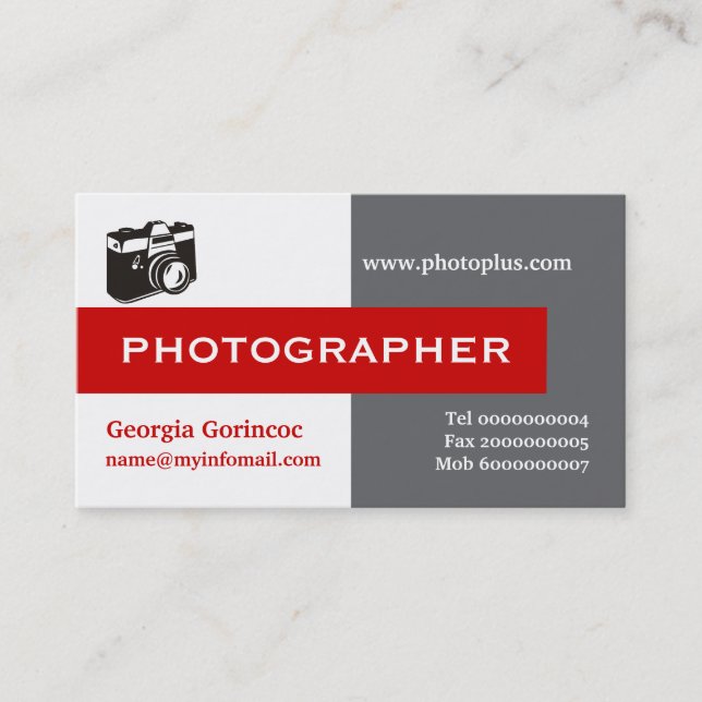 Carte De Visite Photographe gris, blanc, rouge attirant l'oeil (Devant)