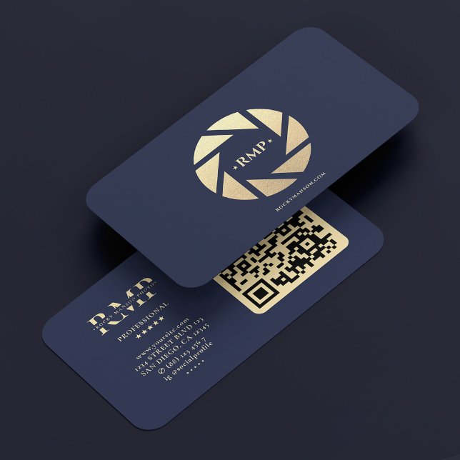 Carte De Visite Photographe Marine Blue Gold Camera Lens Moderne (Photographer Navy Blue Gold Camera Lens Modern Business Card
)