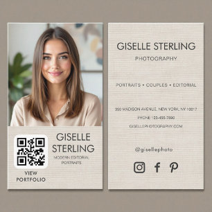 Carte De Visite Photographe Minimaliste Code QR Photo en Lin