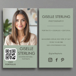 Carte De Visite Photographe minimaliste Sage Green Photo QR Code