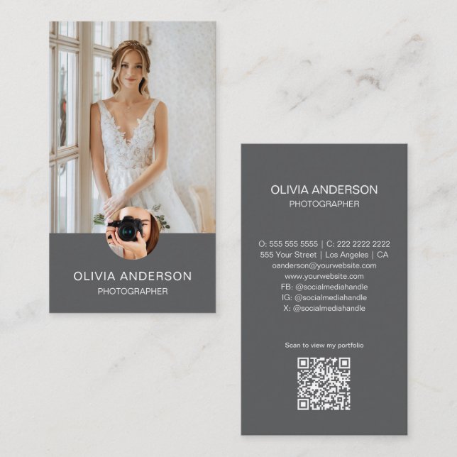 Carte De Visite Photographe moderne 2 Photos QR Code Simple Grey (Devant / Derrière)