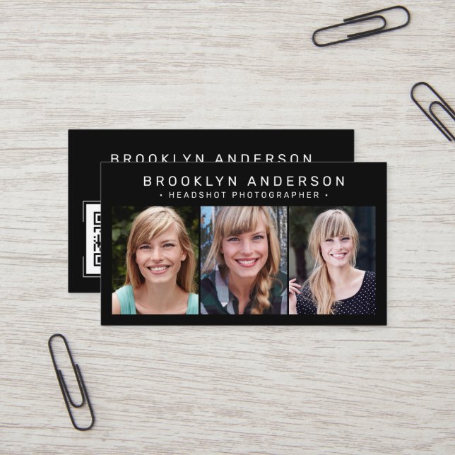 Carte De Visite Photographe moderne 3 photo noir (Devant/Arrière en situation)