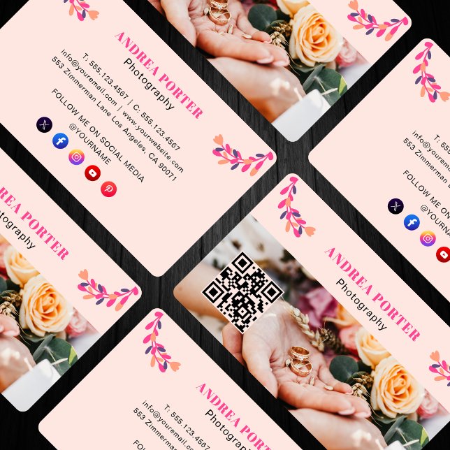 Carte De Visite Photographe Moderne Code QR Floral Féminin (Créateur téléchargé)