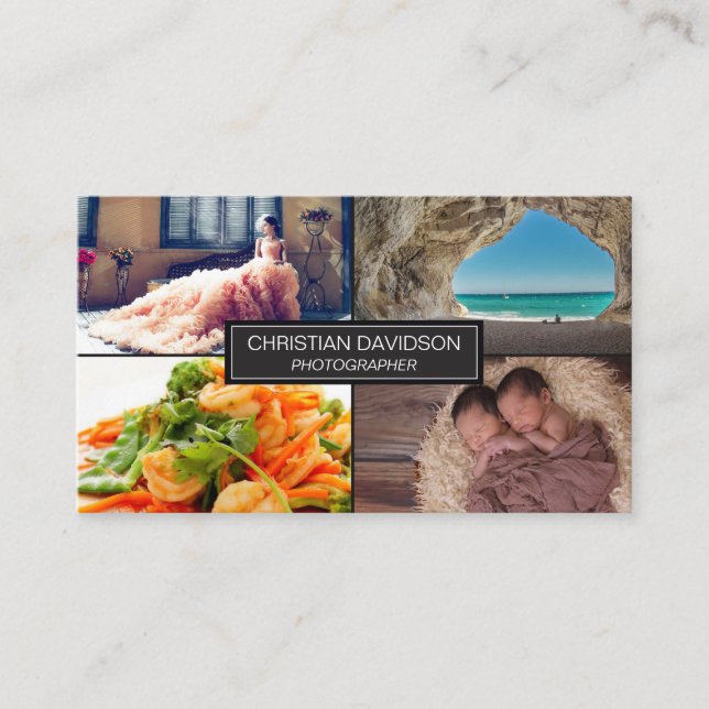 Carte De Visite Photographe, personnaliser avec photos, noir, élég (Devant)