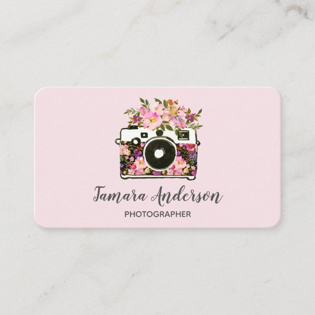 Carte De Visite Photographe professionnel de caméra florale rose (Devant)