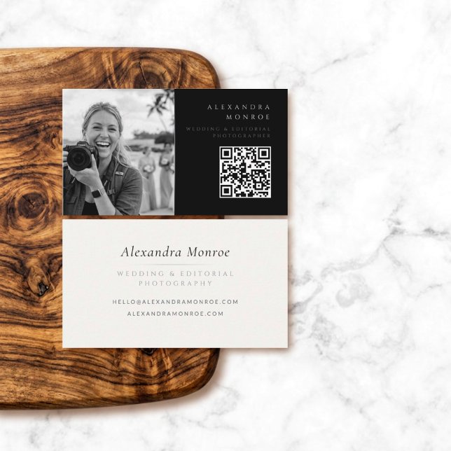 Carte de visite Photographe QR Code Noir & Argent (Créateur téléchargé)