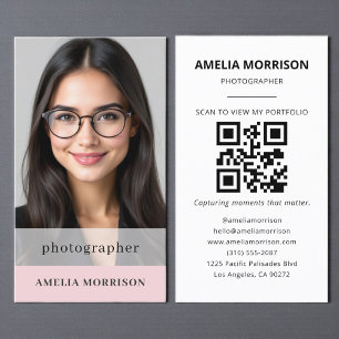 Carte De Visite Photographe rose pâle QR Code photo moderne