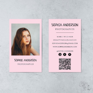 Carte de visite photographe rose poudré avec QR Co