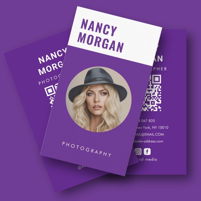 Carte De Visite Photographe Violet Moderne Code QR Photo  (Créateur téléchargé)