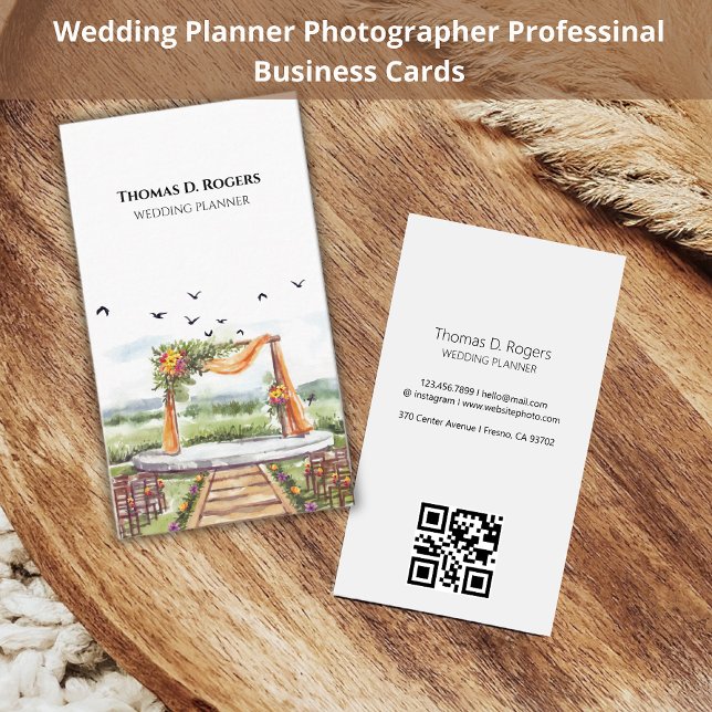 Carte De Visite Photographe Wedding planner aquarelle QR Code (Créateur téléchargé)