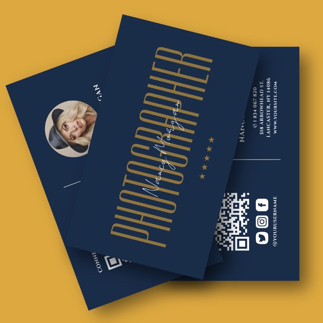 Carte De Visite Photographie Code QR Photo Bleu Nuit Or (Créateur téléchargé)