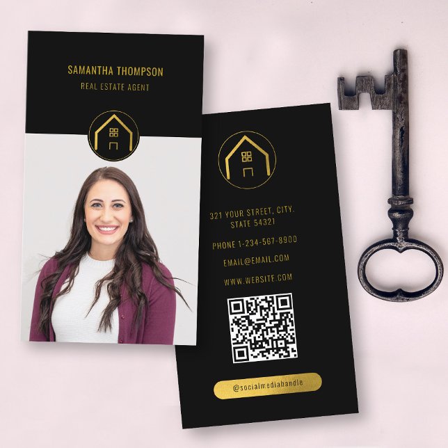 Carte De Visite Photographie immobilière de luxe noir professionne (Professional Luxury Black Gold Real Estate Photo Business Card)