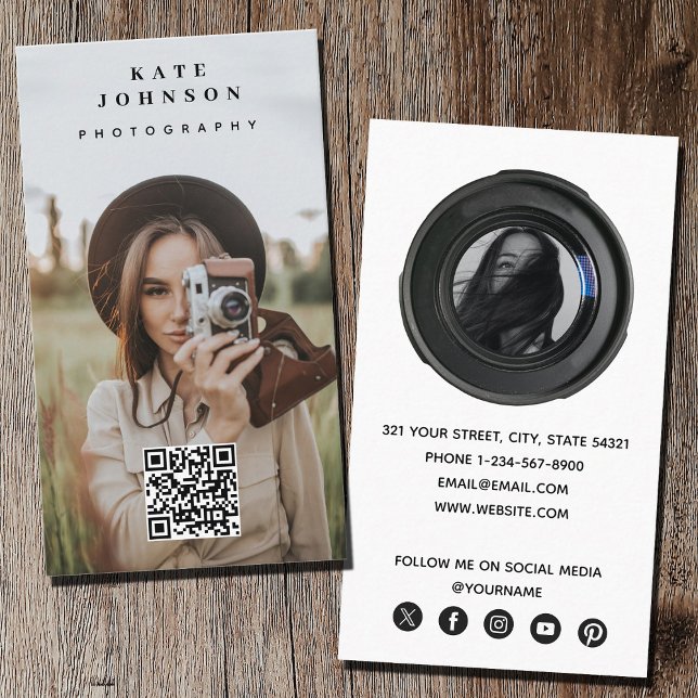 Carte De Visite Photographie professionnelle QR Code Social Media  (Professional Photography QR Code Social Media Icon Business Card)