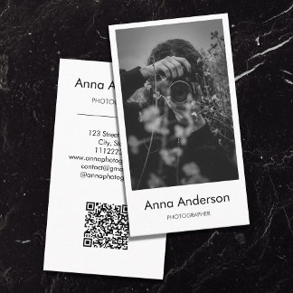 Carte De Visite Photographie verticale moderne QR Code Photographe
